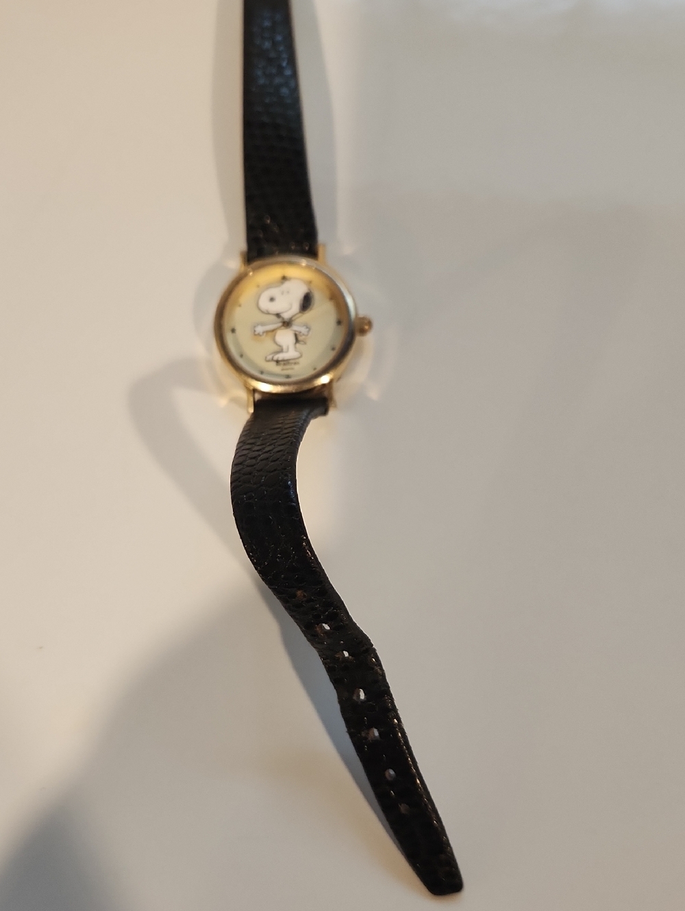 Snoopy Gold-Tone Watch with Black Leather Strap